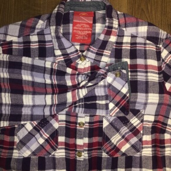 Dickies Flannel Blue Red Purple Double Breast Pockets Size Large Plaid Button Up - Picture 1 of 11
